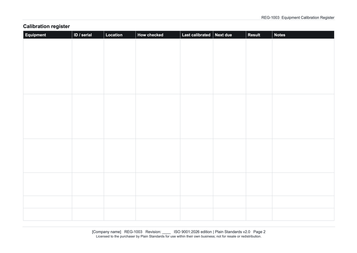 ISO 9001:2026 Equipment Calibration Register Template