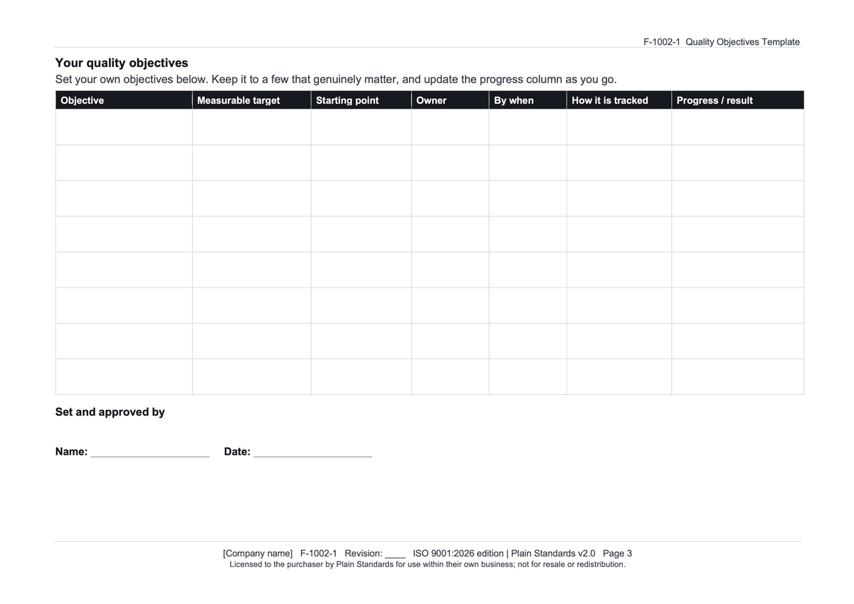 ISO 9001:2026 Quality Objectives Template