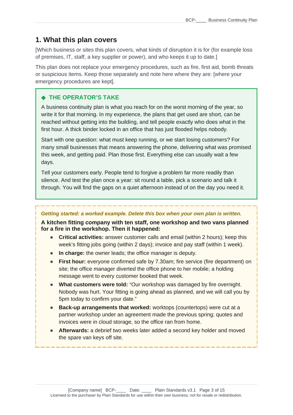 Business continuity plan template Operator's Take and worked example.