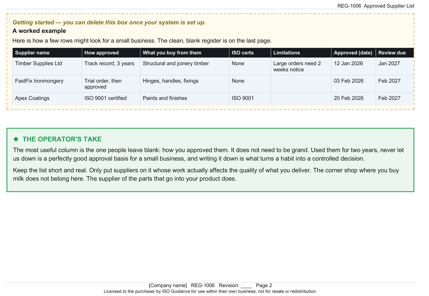 Approved supplier list template