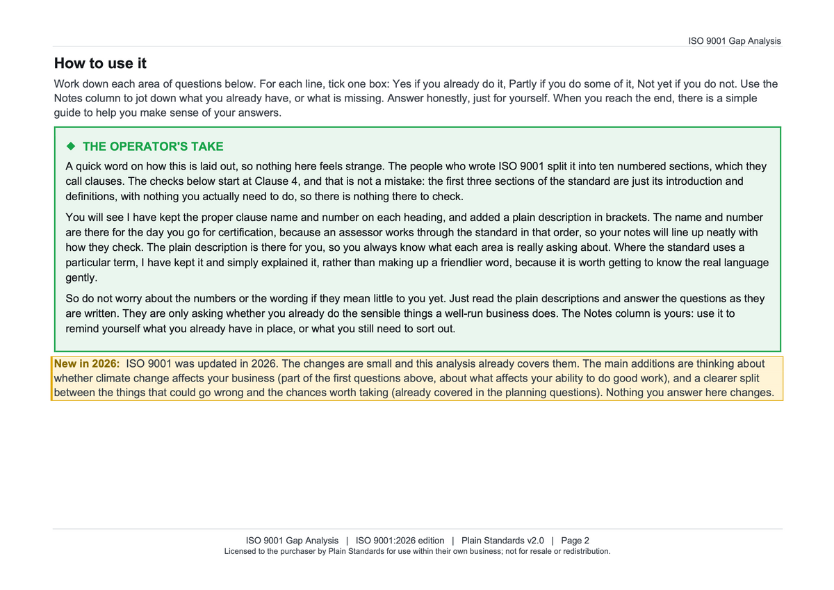 ISO 9001:2026 Gap Analysis Template