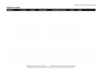 ISO 9001:2026 Equipment Calibration Register Template