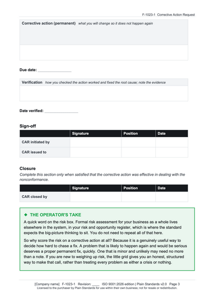 ISO 9001:2026 Corrective Action Request Template