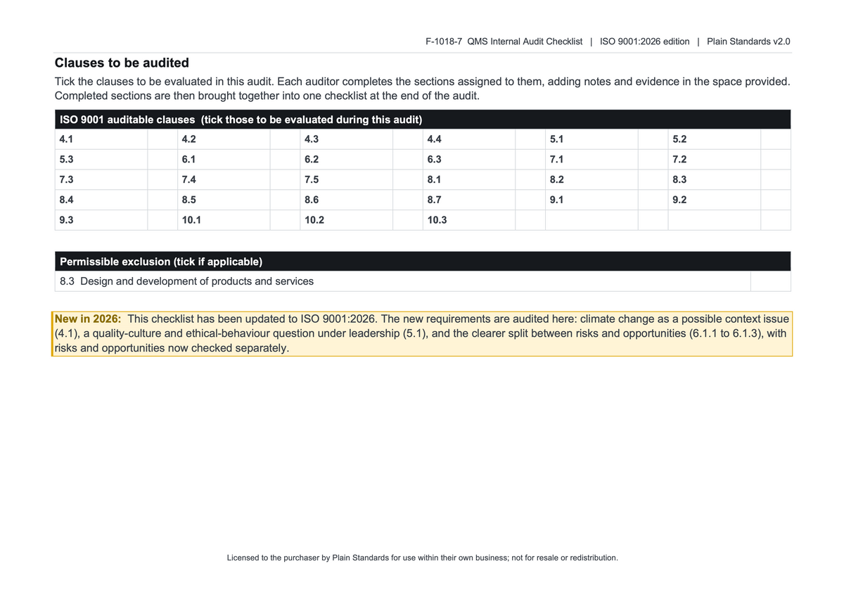 ISO 9001:2026 Internal Audit Checklist Template