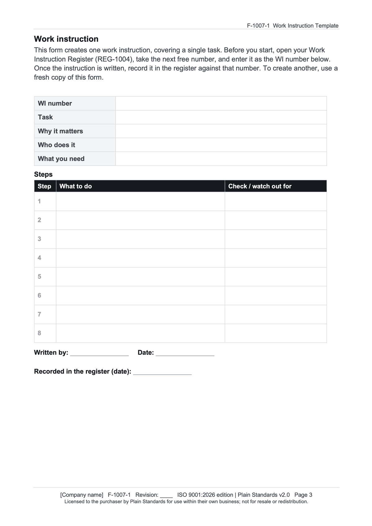 ISO 9001:2026 Work Instruction Template