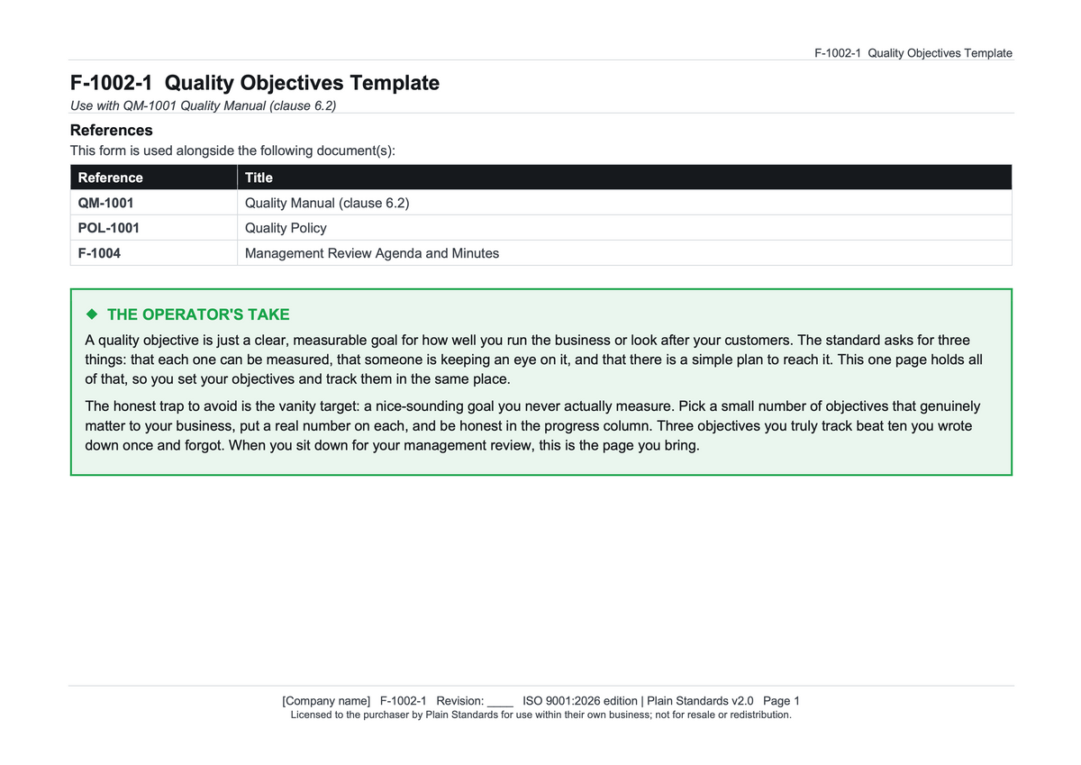 ISO 9001:2026 Quality Objectives Template