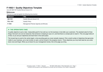 ISO 9001:2026 Quality Objectives Template