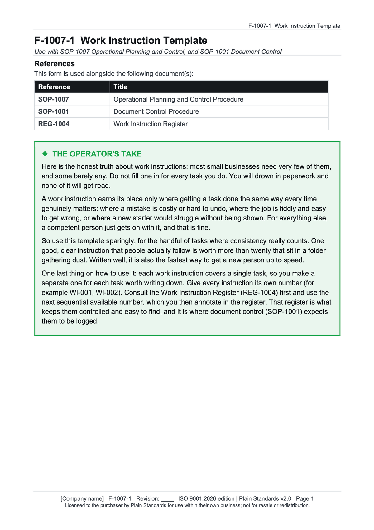 ISO 9001:2026 Work Instruction Template