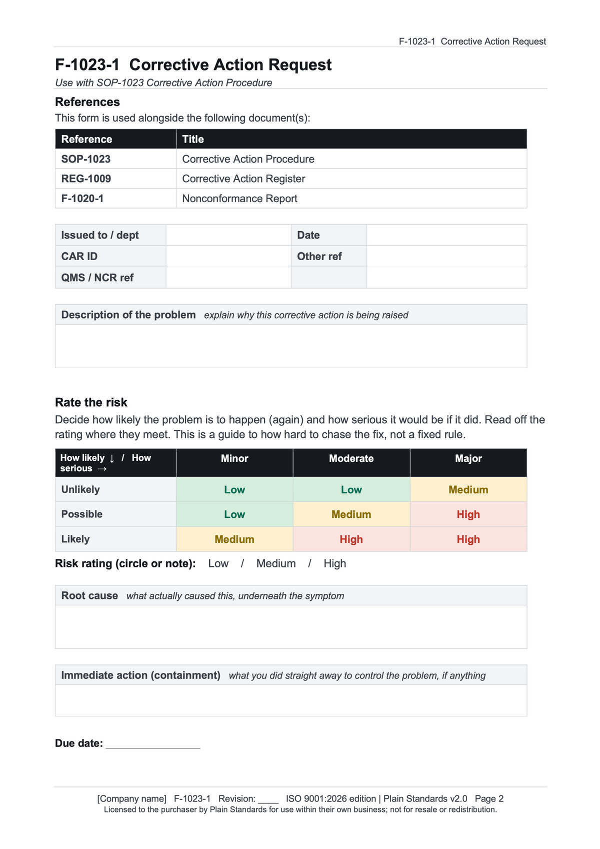 ISO 9001:2026 Corrective Action Request Template
