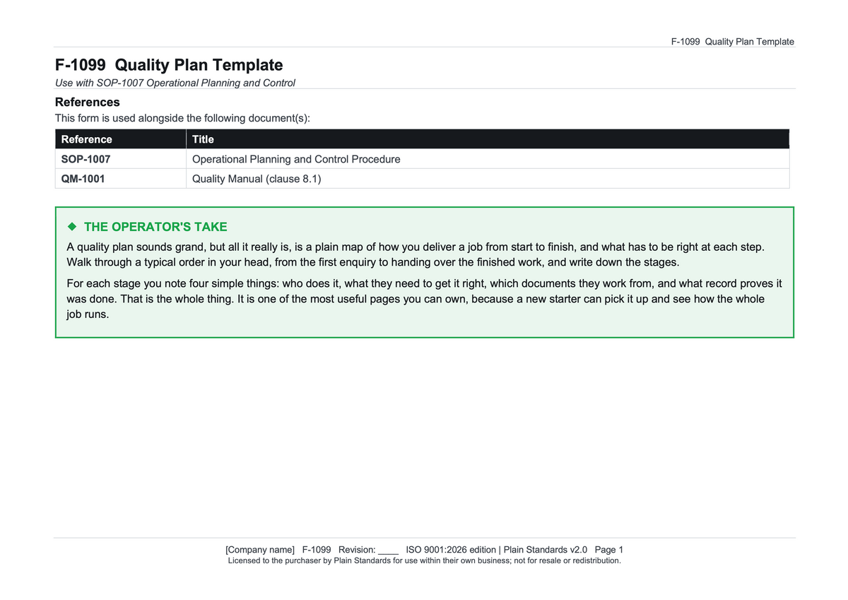 ISO 9001:2026 Quality Plan Template