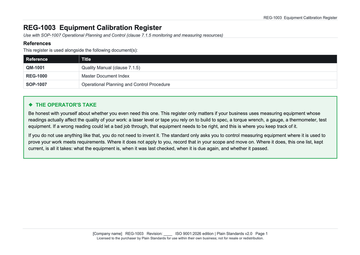 ISO 9001:2026 Equipment Calibration Register Template
