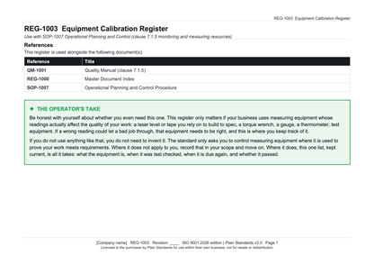 ISO 9001:2026 Equipment Calibration Register Template