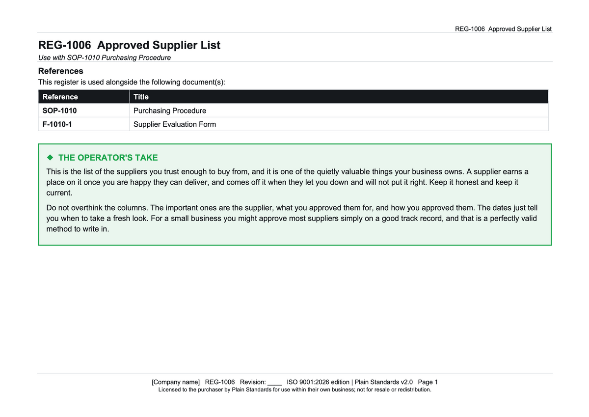 ISO 9001:2026 Approved Supplier List Template