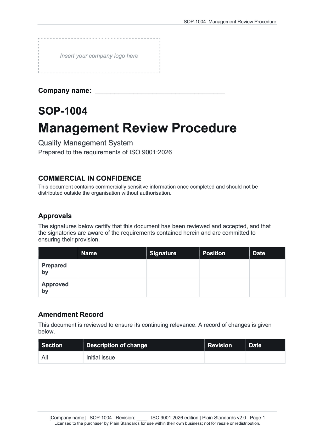 ISO 9001:2026 Management Review Procedure Template