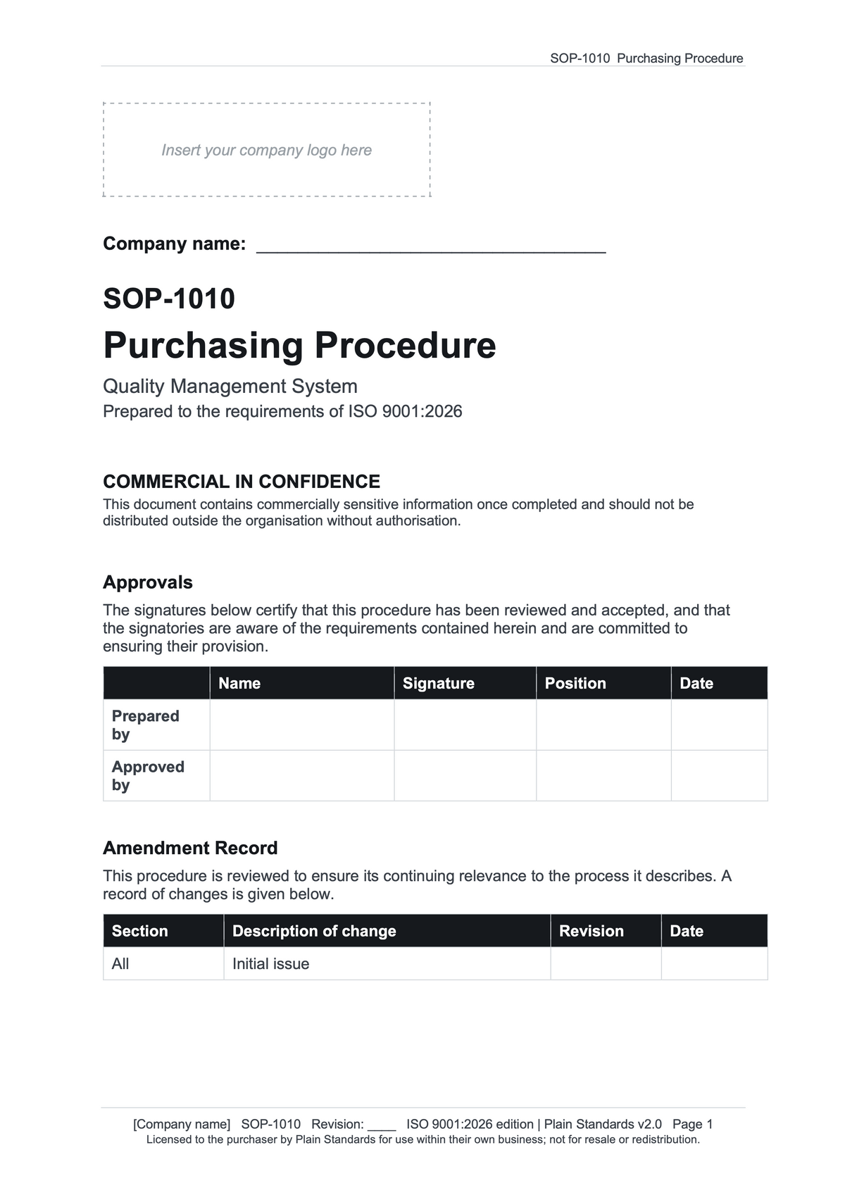 ISO 9001:2026 Purchasing Procedure Template