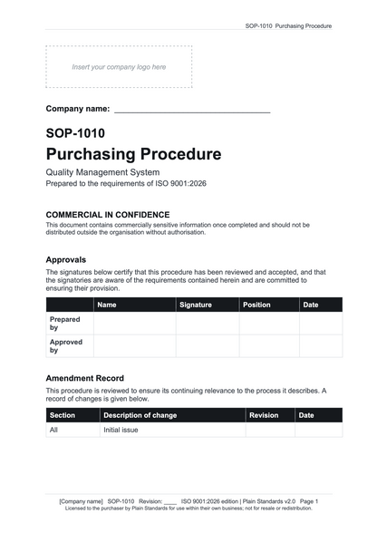 ISO 9001:2026 Purchasing Procedure Template