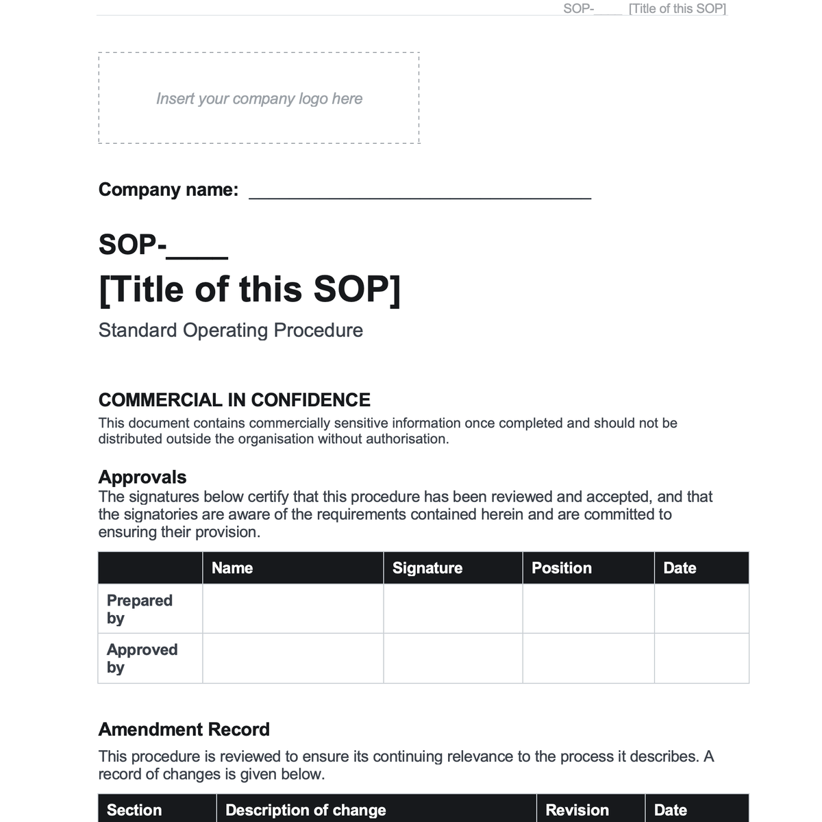 SOP Template: Standard Operating Procedure Template (Word)