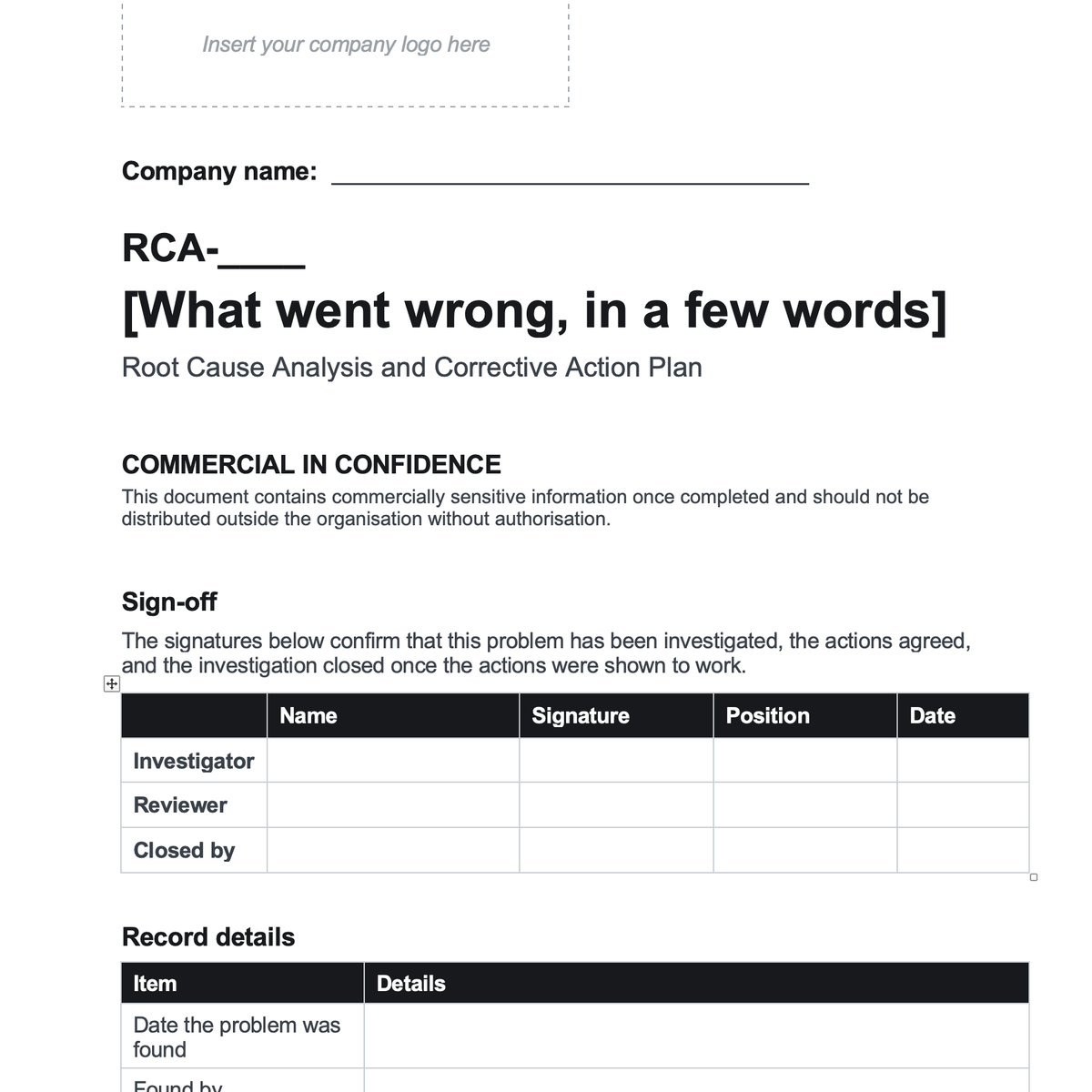 Root Cause Analysis Template and Corrective Action Plan (Word)