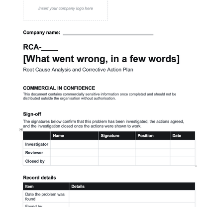 Root Cause Analysis Template and Corrective Action Plan (Word)