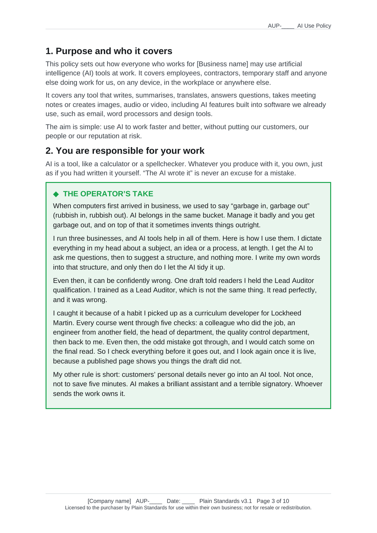 AI policy template Operator's Take