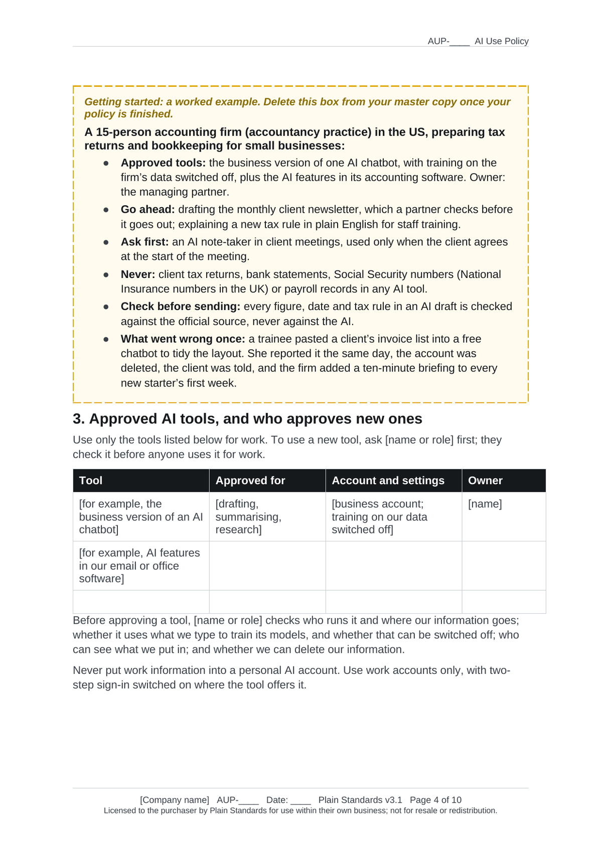 AI acceptable use policy example for a small accounting firm