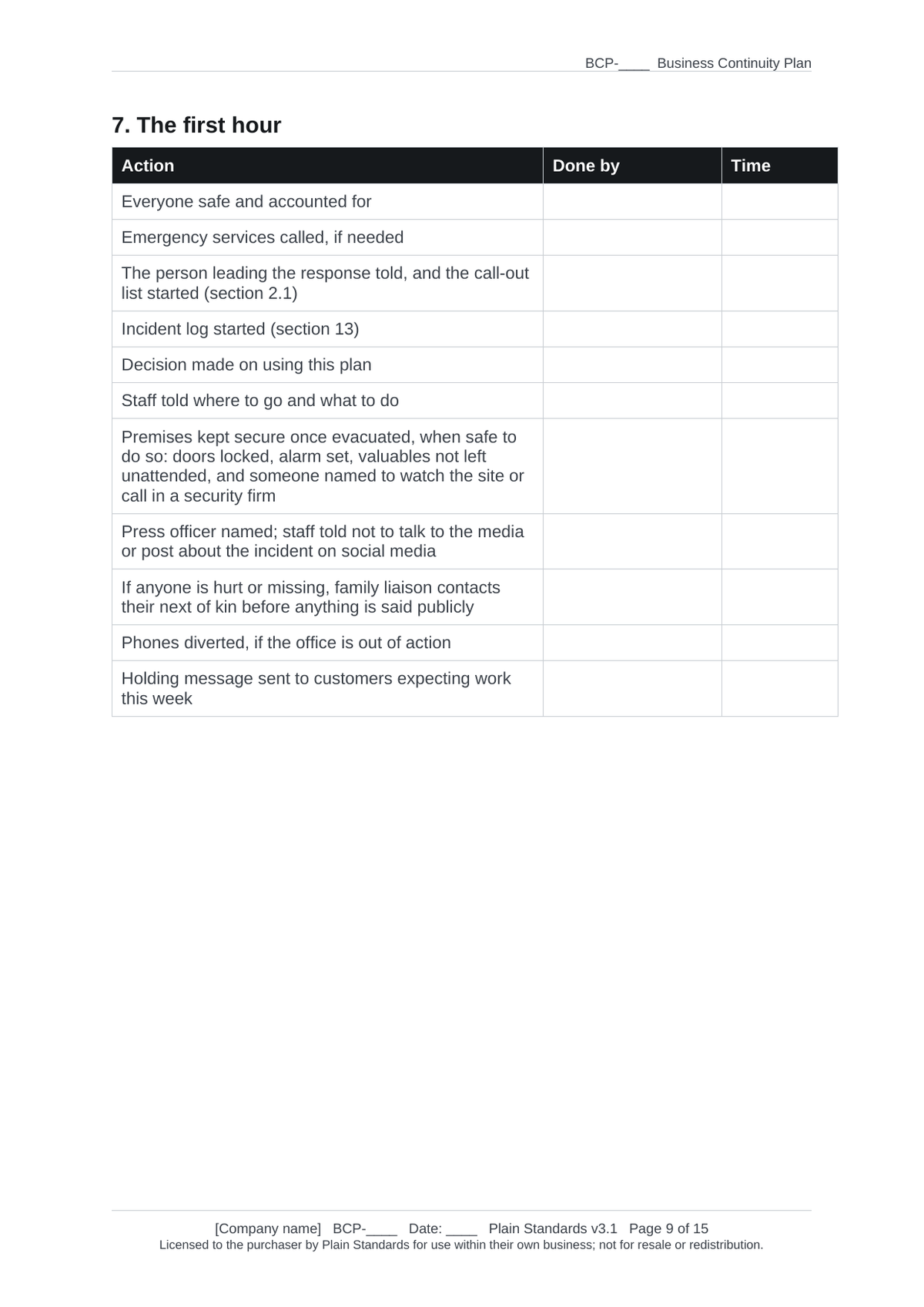 Business continuity plan template first hour checklist.