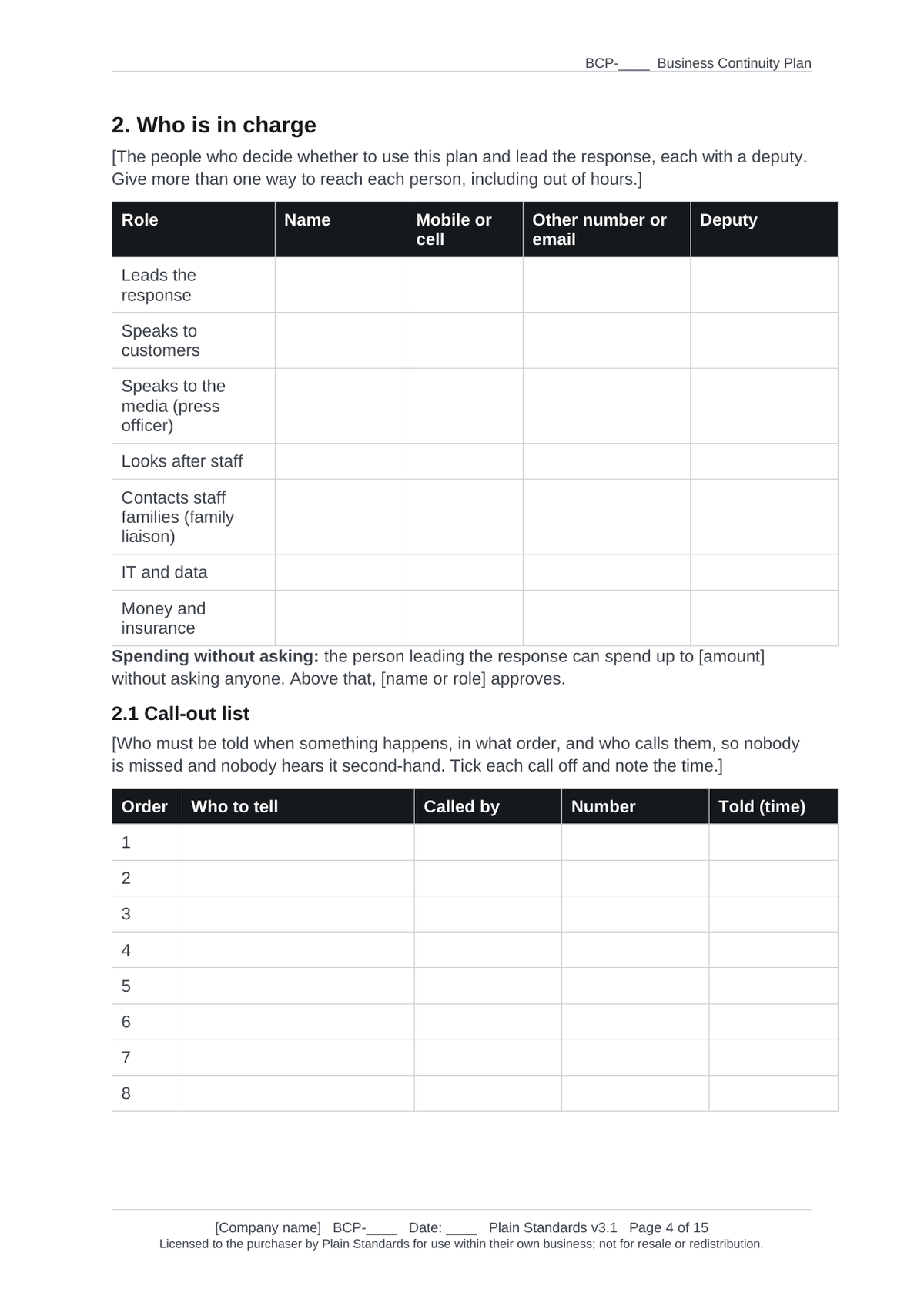 Business continuity plan template who is in charge and call-out list.