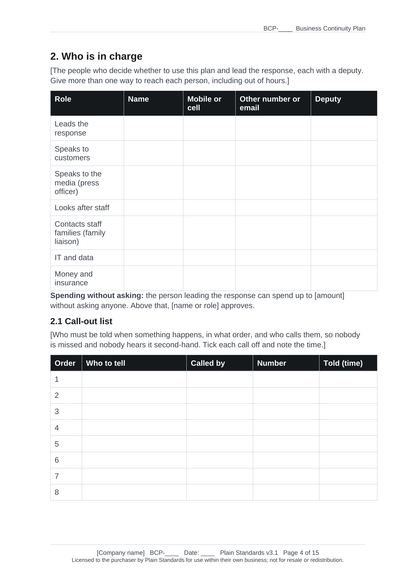 Business continuity plan template who is in charge and call-out list.