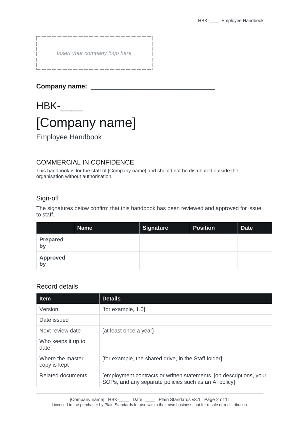 Employee Handbook Template cover page with sign-off and record details