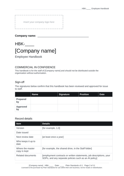 Employee Handbook Template cover page with sign-off and record details