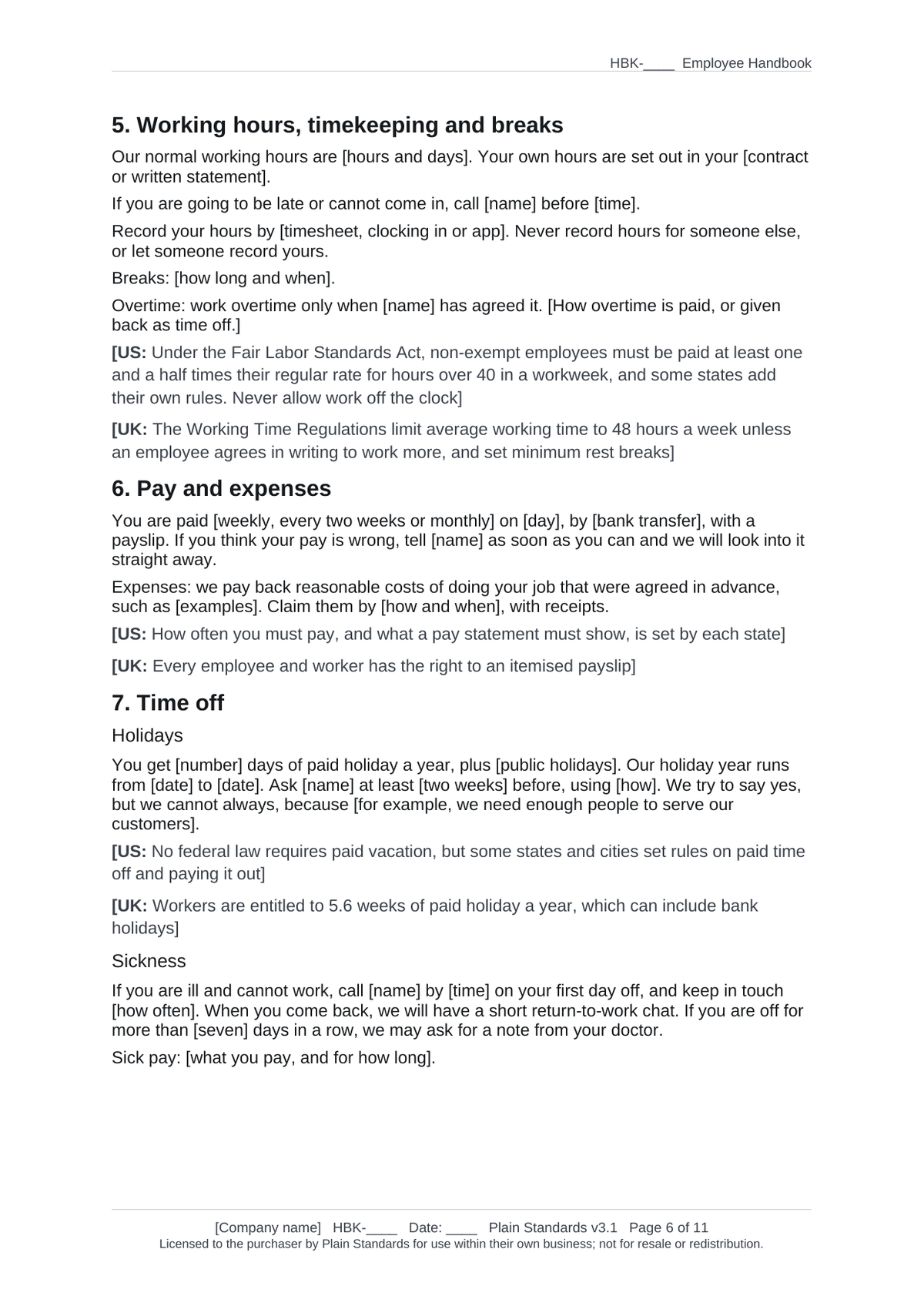 Employee handbook time off section with US and UK notes
