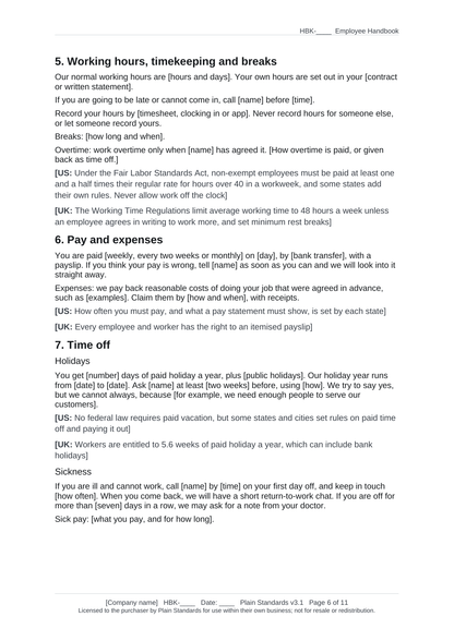 Employee handbook time off section with US and UK notes