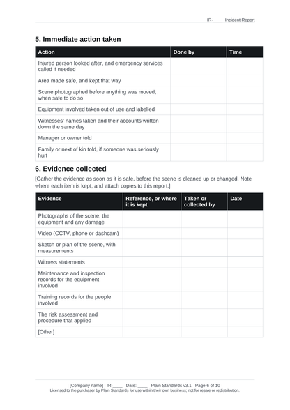 Incident report template immediate action and evidence collected.