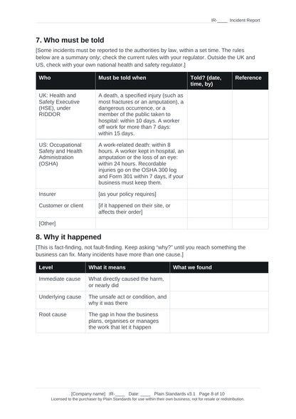 Incident report template who must be told and why it happened.