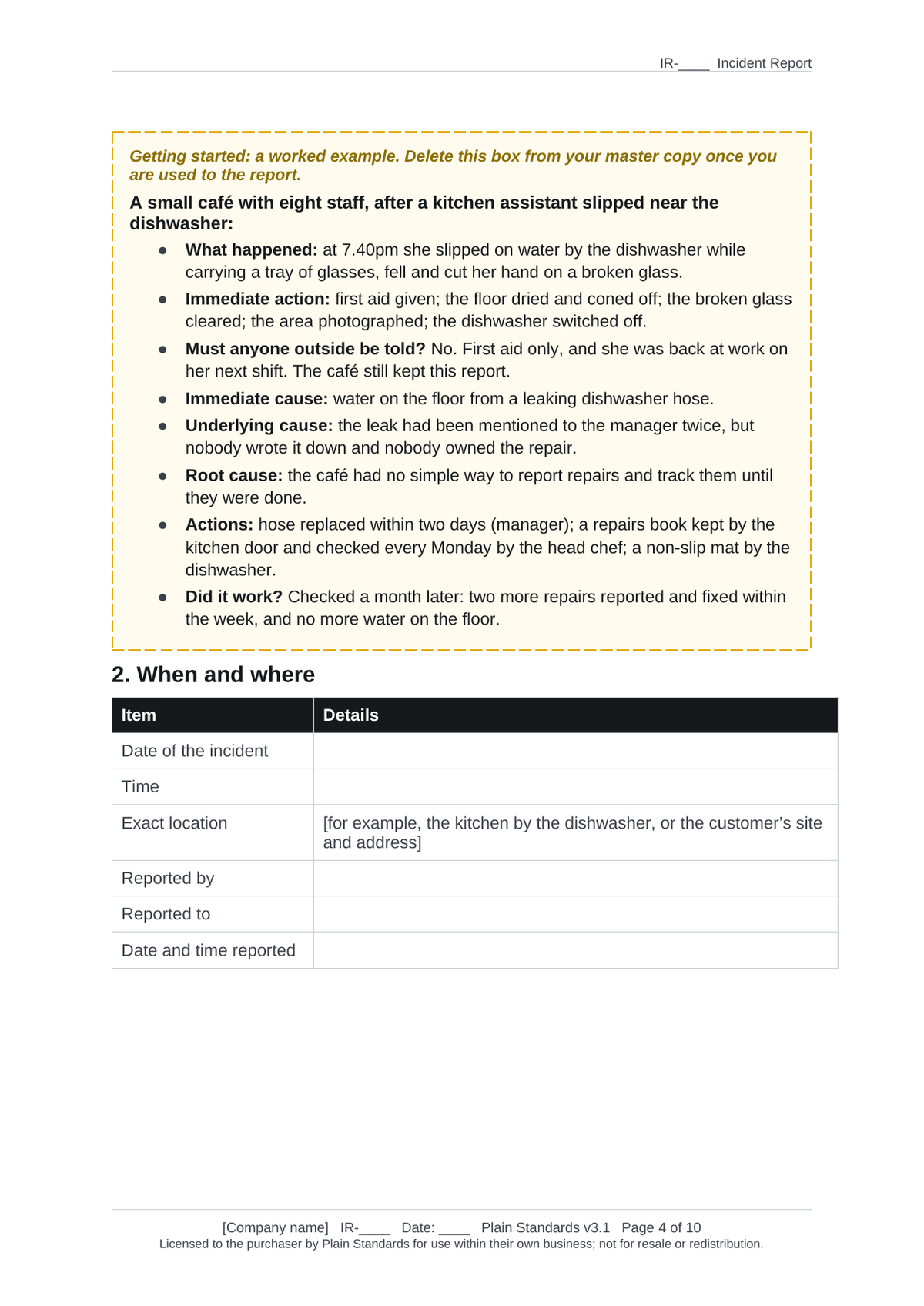 Incident report example, a cafe kitchen slip from first aid to the repair that fixed the cause.