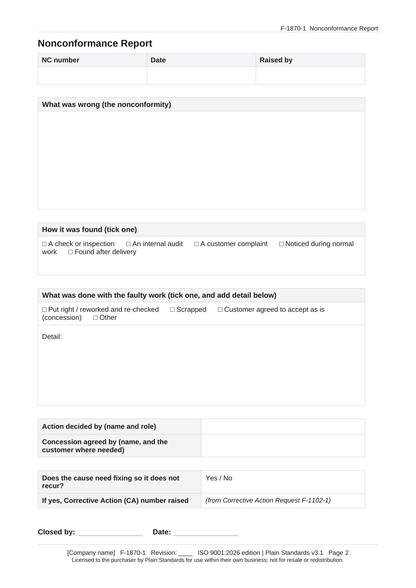 ISO 9001:2026 Nonconformance Report Template