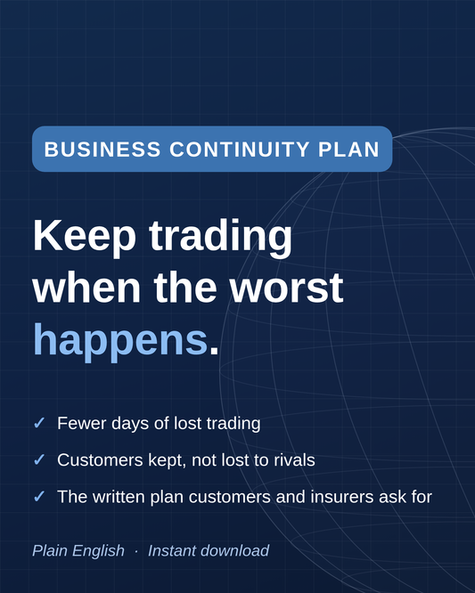 Cover card: Business continuity plan template in Word, keep trading when the worst happens.
