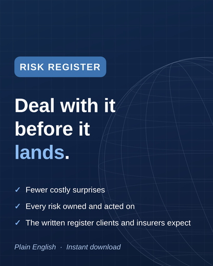 Cover card: Risk register template in Word, deal with it before it lands.