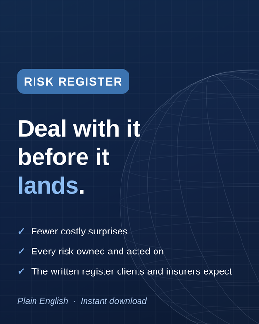 Cover card: Risk register template in Word, deal with it before it lands.