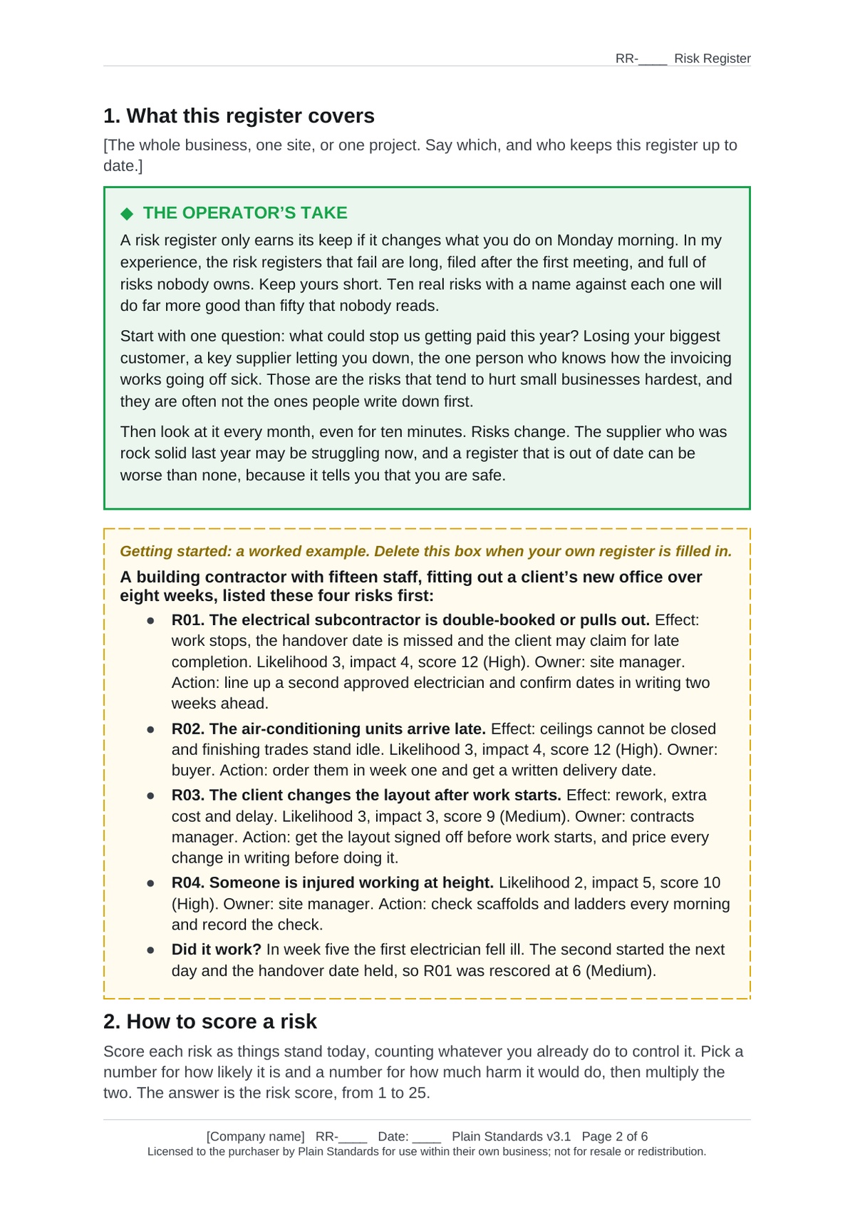 Risk register template Operator's Take and worked example.
