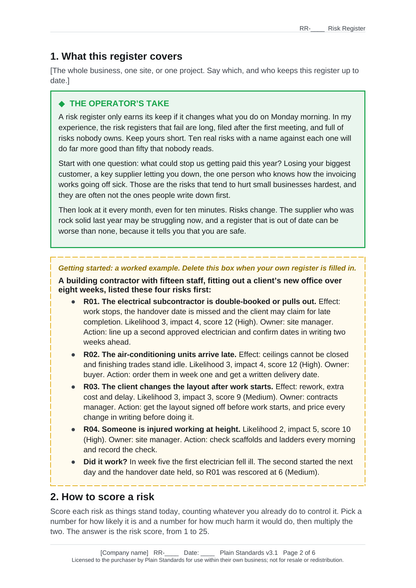 Risk register template Operator's Take and worked example.
