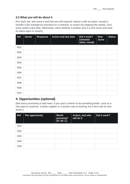 Risk register template register and action tables.